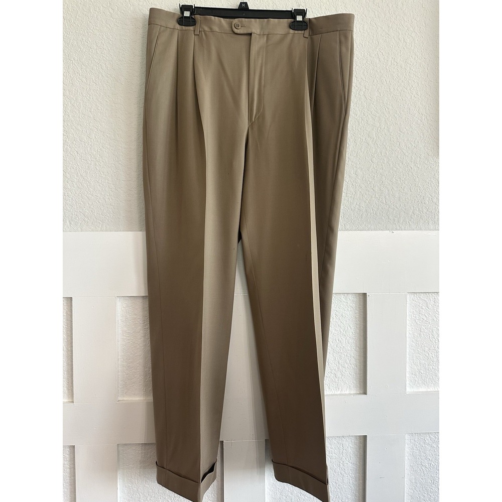 Zanella Pants 38x29 Wool Pleated Italian Luxury Trousers Cuff Tan Khaki